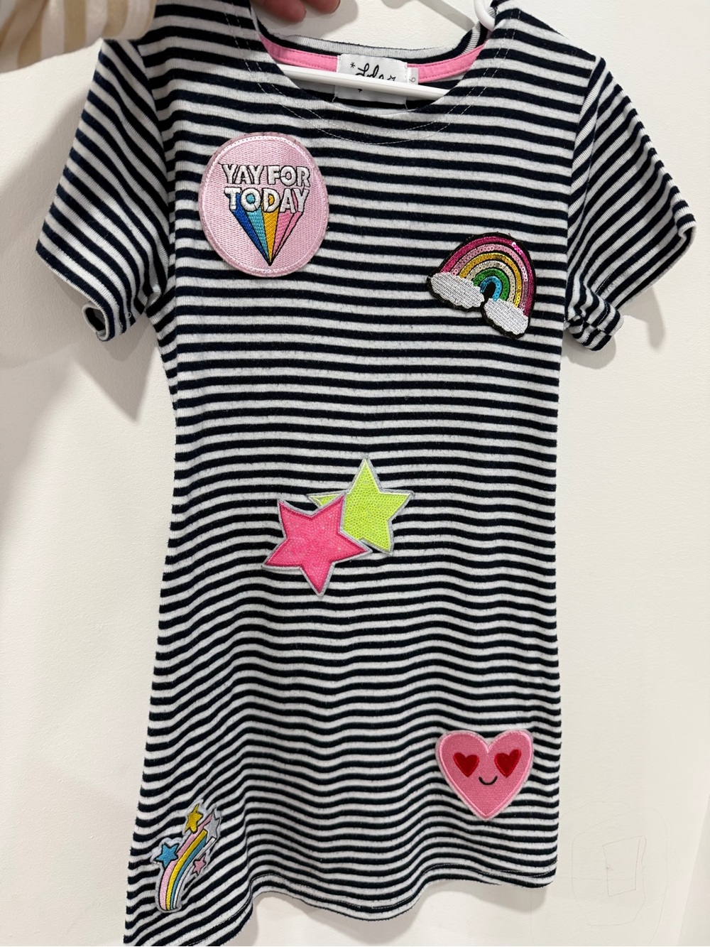 lola Black & White Striped Tee Dress with Neon Patch Motifs